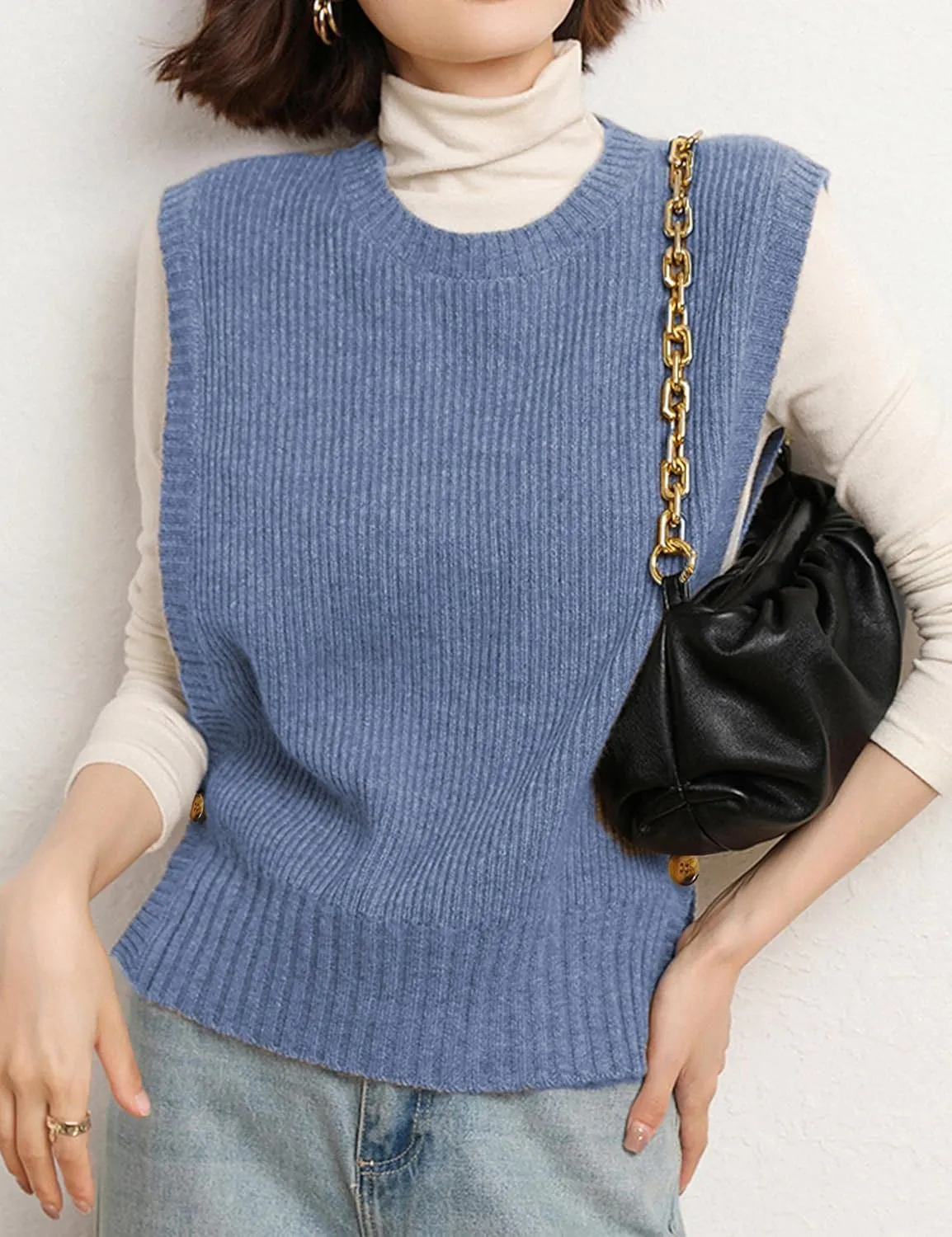 Womens Round Neck Knit Tank Vest Split Split Pullover Sleeveless Ribbed Knit Sweater Vest Tops