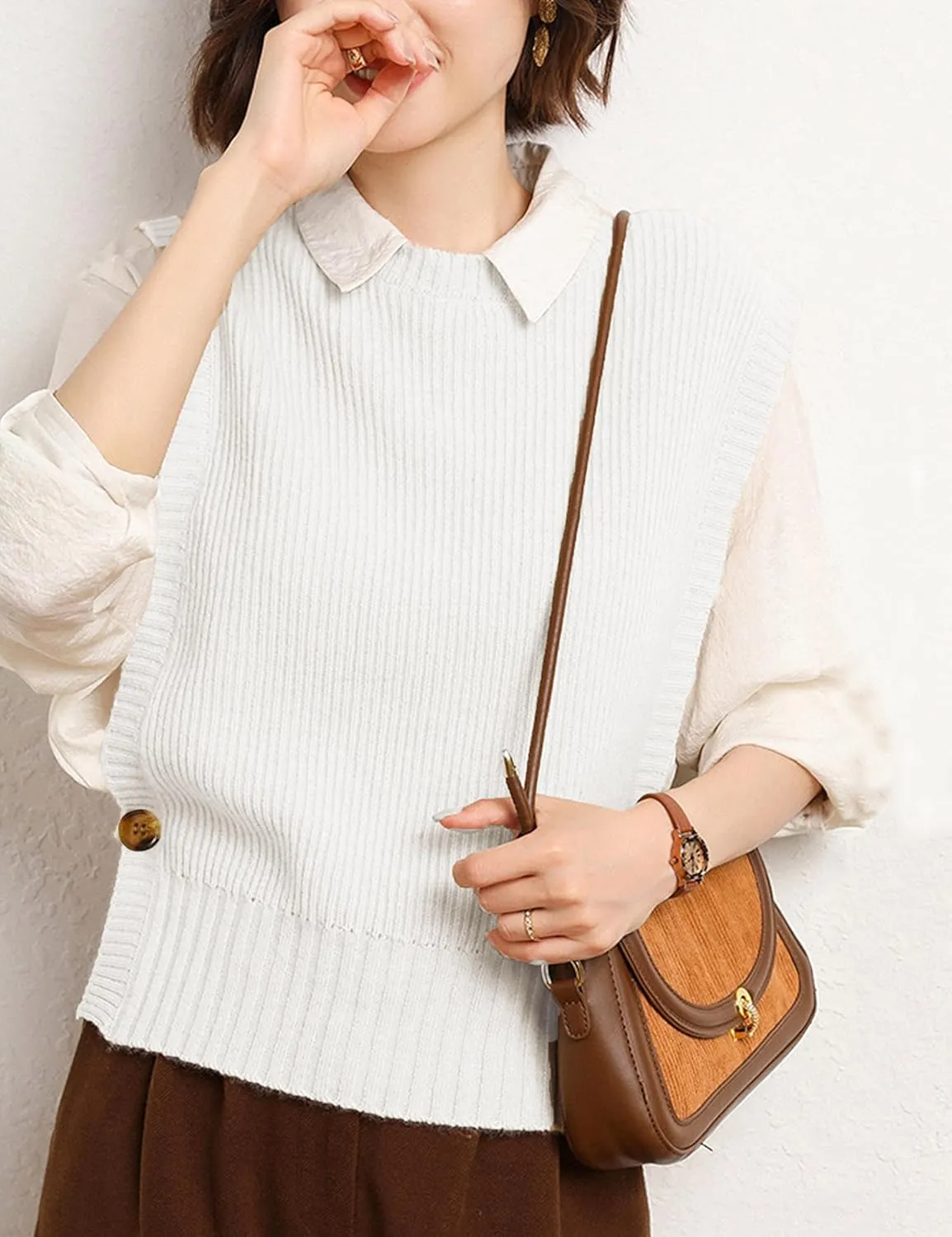 Womens Round Neck Knit Tank Vest Split Split Pullover Sleeveless Ribbed Knit Sweater Vest Tops