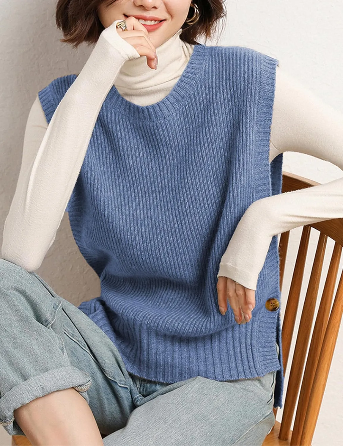 Womens Round Neck Knit Tank Vest Split Split Pullover Sleeveless Ribbed Knit Sweater Vest Tops