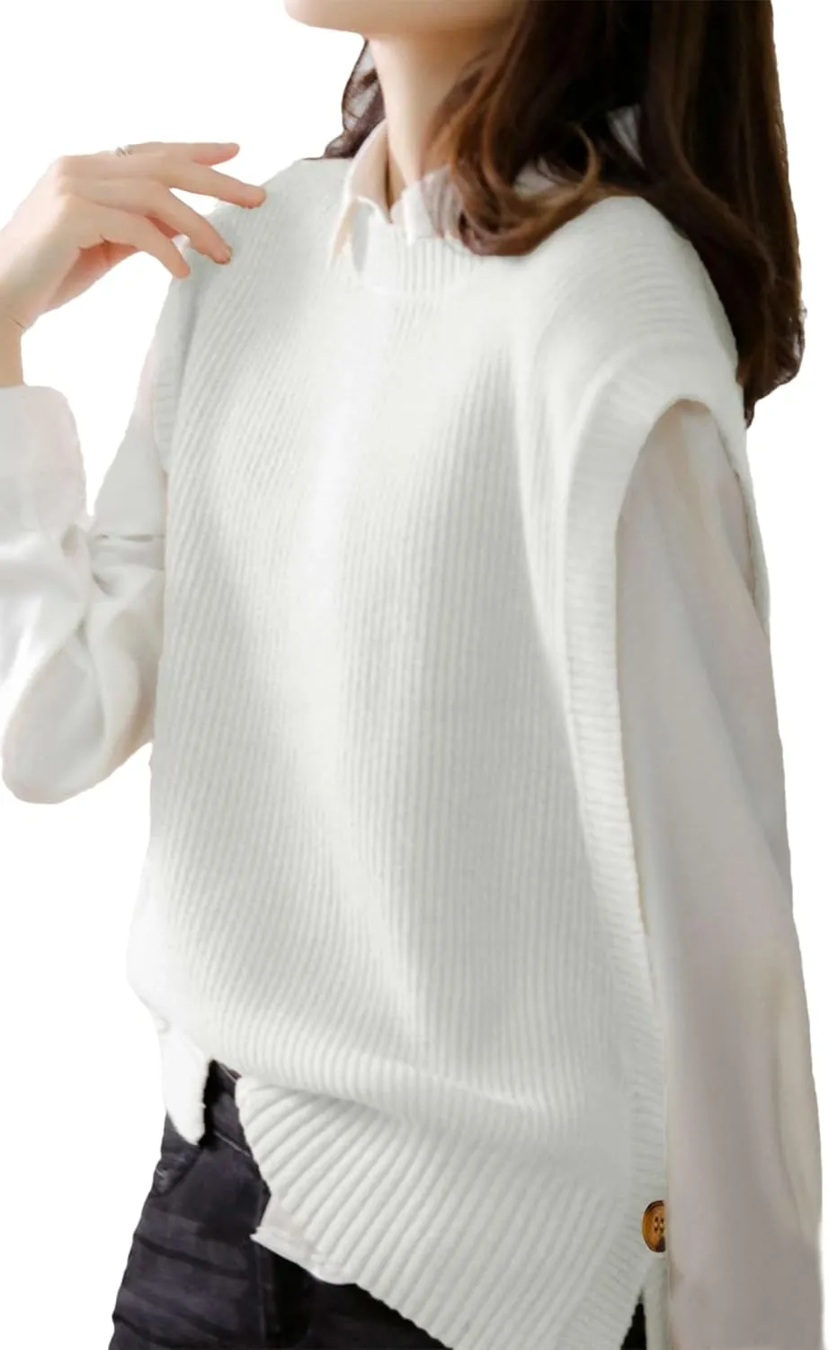 Womens Round Neck Knit Tank Vest Split Split Pullover Sleeveless Ribbed Knit Sweater Vest Tops