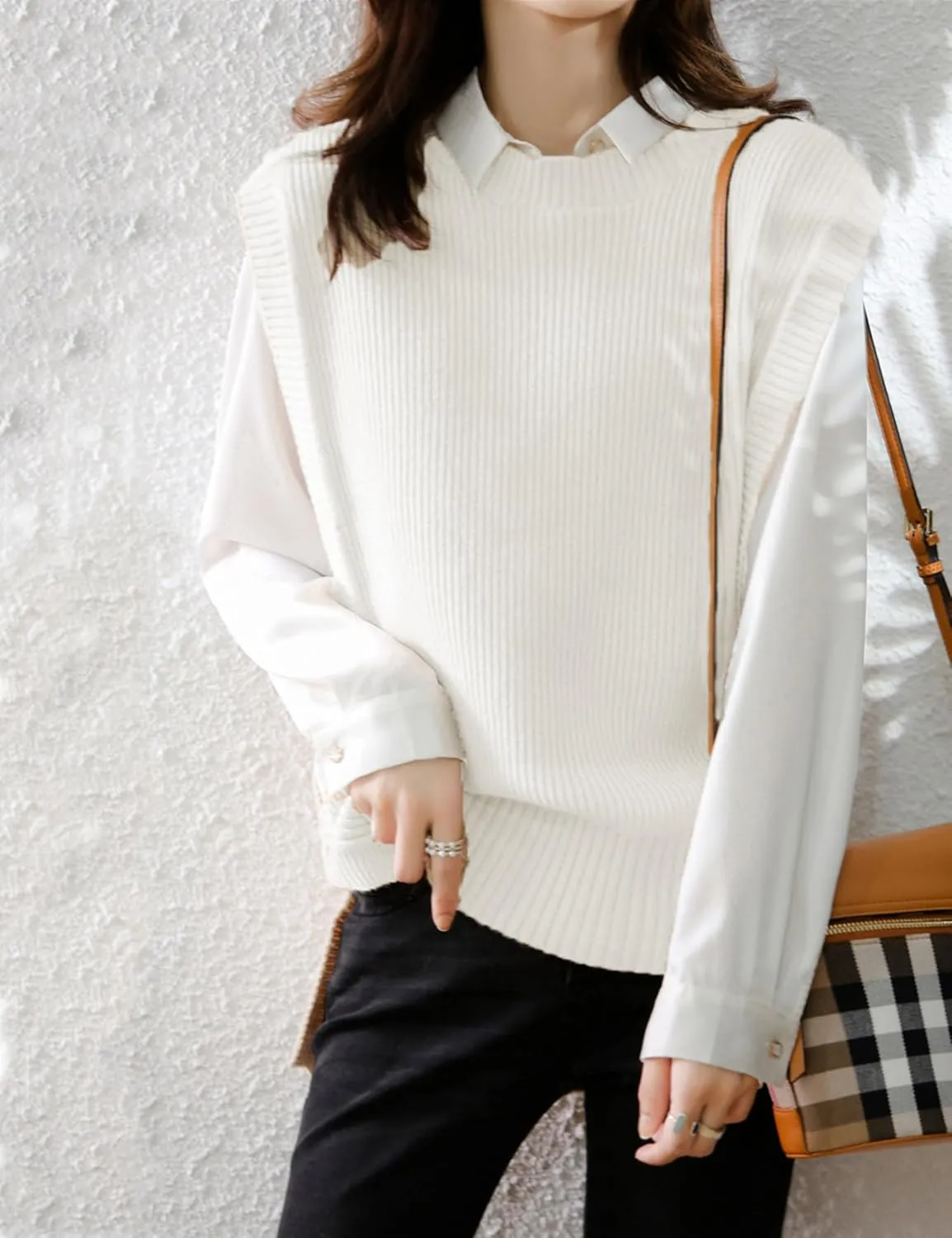 Womens Round Neck Knit Tank Vest Split Split Pullover Sleeveless Ribbed Knit Sweater Vest Tops