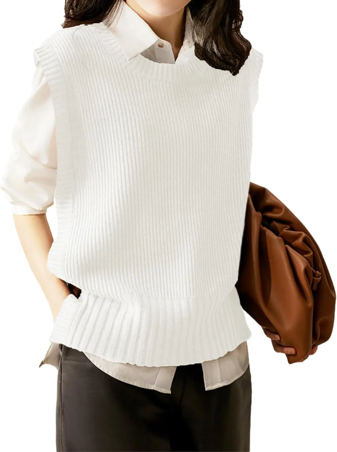 Womens Round Neck Knit Tank Vest Split Split Pullover Sleeveless Ribbed Knit Sweater Vest Tops