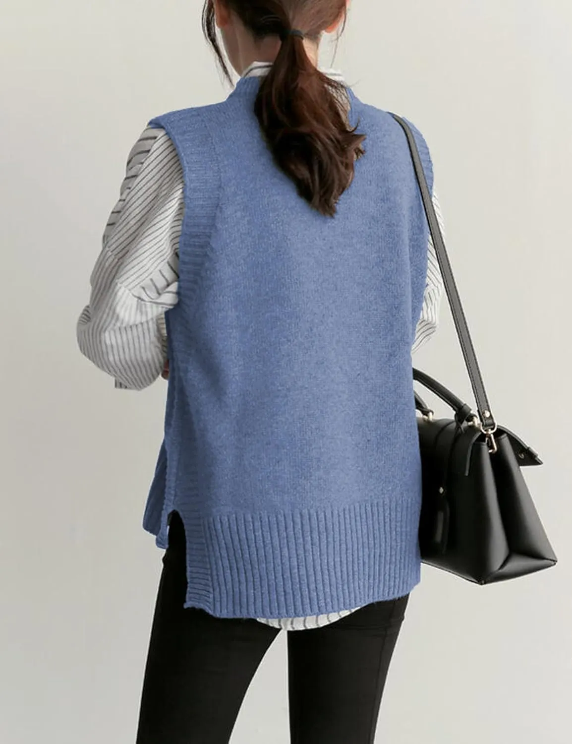 Womens Round Neck Knit Tank Vest Split Split Pullover Sleeveless Ribbed Knit Sweater Vest Tops