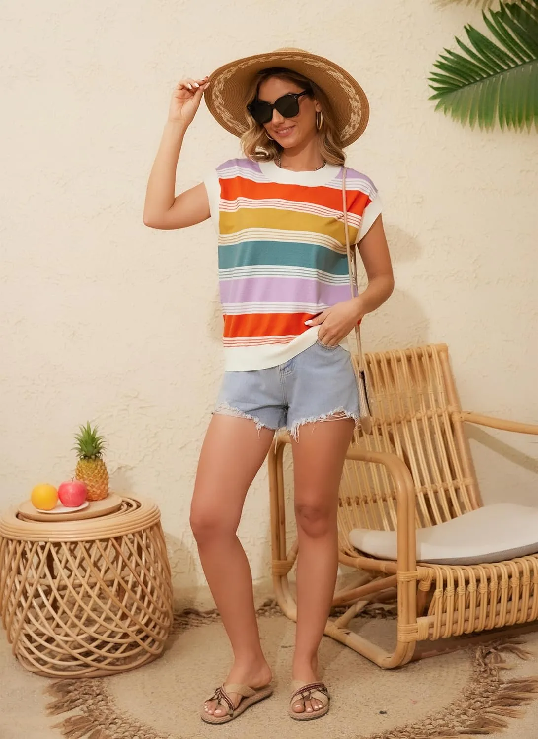 Womens Summer Cap Sleeve Tops Striped Color Block Sleeveless Sweater Vest Crew Neck Casual Loose Fit Tank Top
