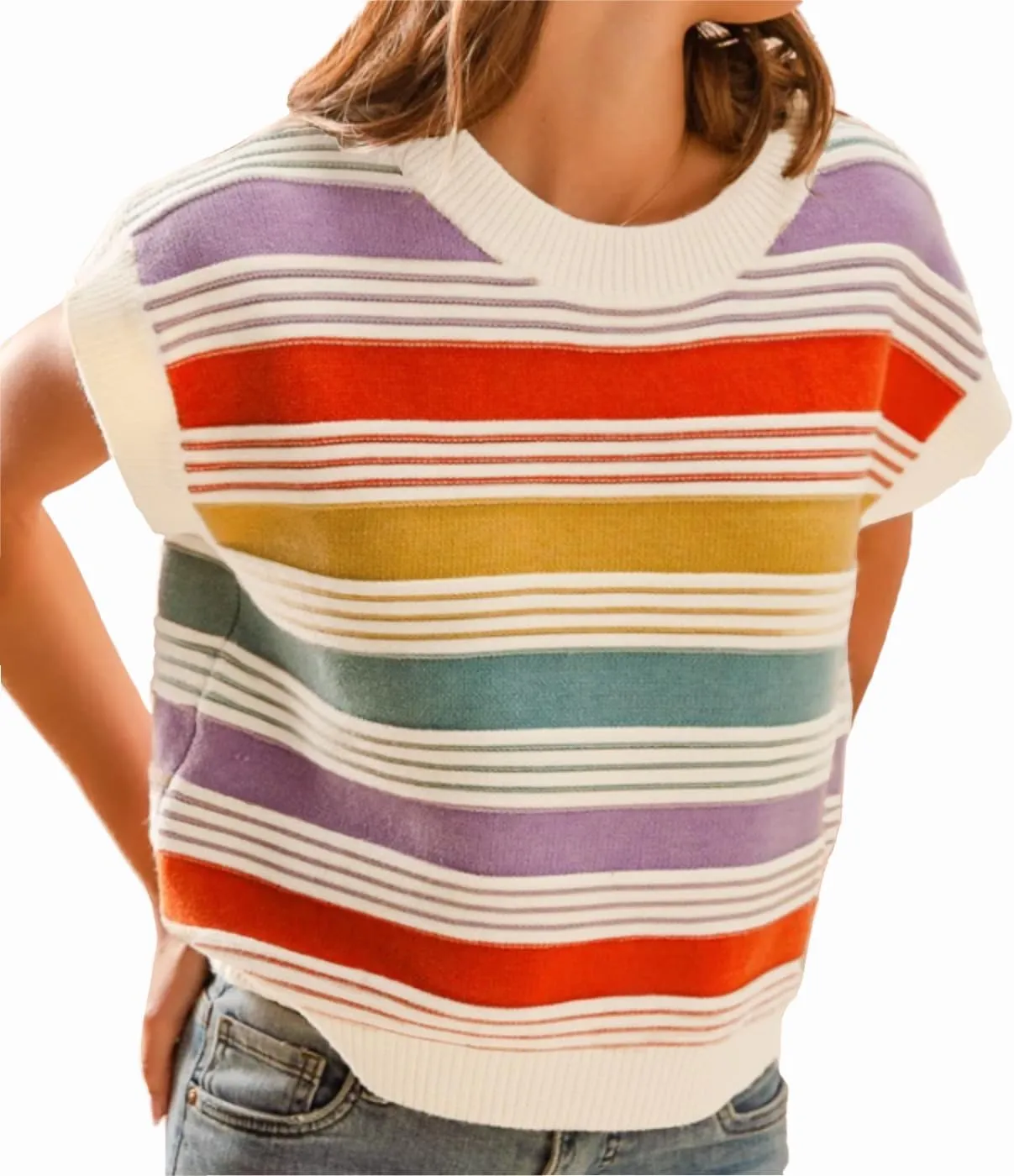 Womens Summer Cap Sleeve Tops Striped Color Block Sleeveless Sweater Vest Crew Neck Casual Loose Fit Tank Top