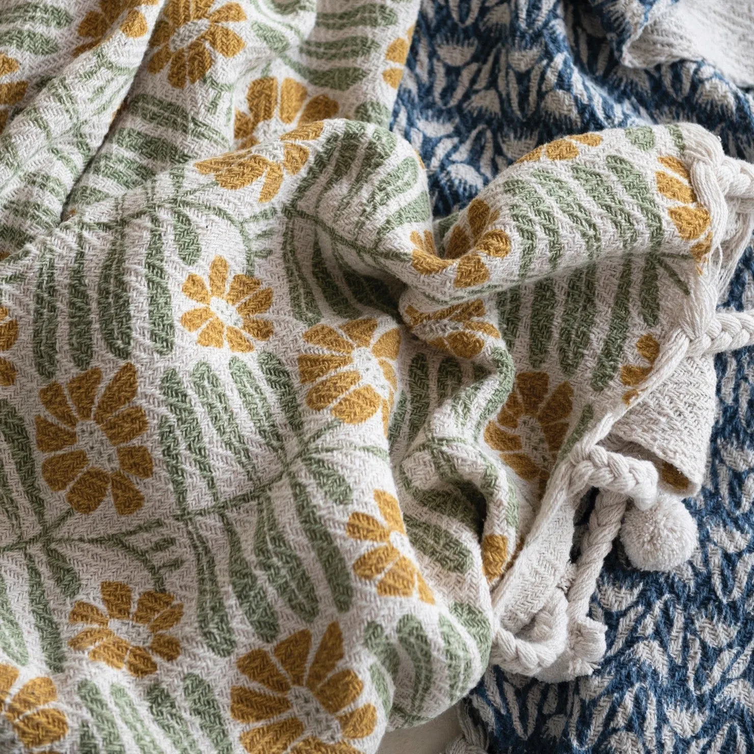 Woven Printed Floral Throw with Pom Poms