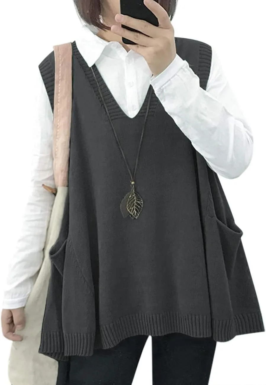 YESNO Sweater Vest Women Loose Swing Cotton Cute Oversized Knit Pullover Sleeveless Sweater Tops with Drop Pockets WM9
